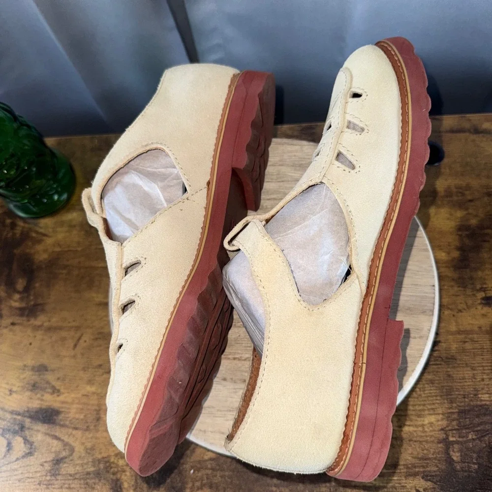 Esprit Balboa T-Strap Fisherman Style Oxfords 10 Tan Suede Red Sole Vtg 90s RAE